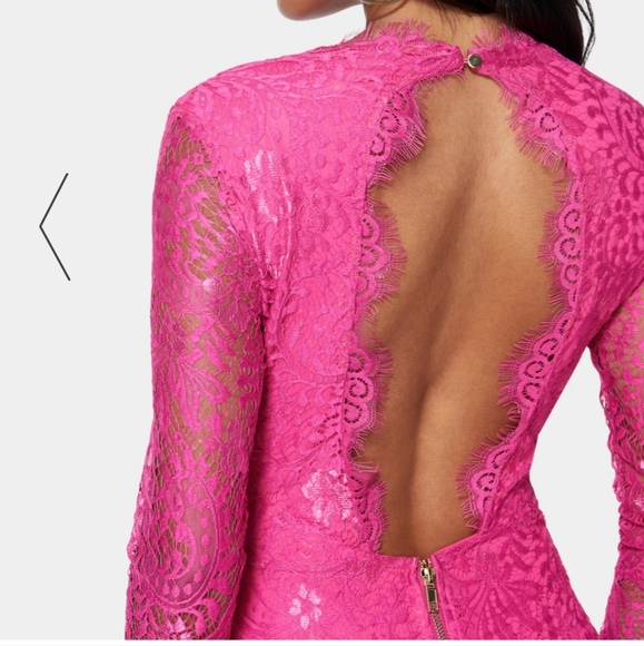 Bebe Scallop Lace Open Back Mini Stretch Dress Hot Pink NWT Medium Long Sleeve - Picture 4 of 11